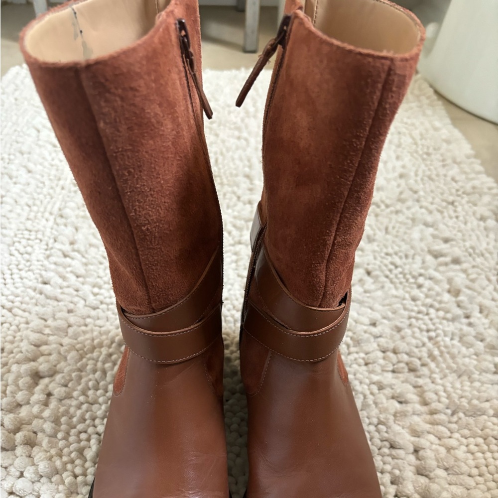 Talbots mid-calf boots in cognac leather with suede uppers.